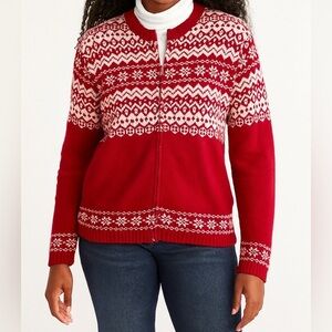 Jones NY Red Fair Isle Nordic Zip-Up Cardigan Sweater Linen Cotton Blend Size M